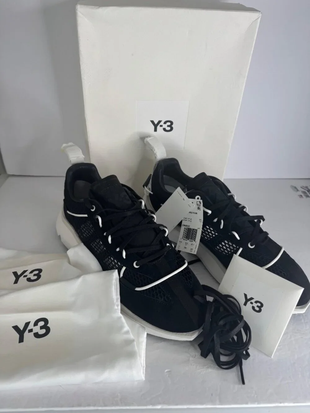 Y-3 Black and White Mesh Suede Runner Sneakers